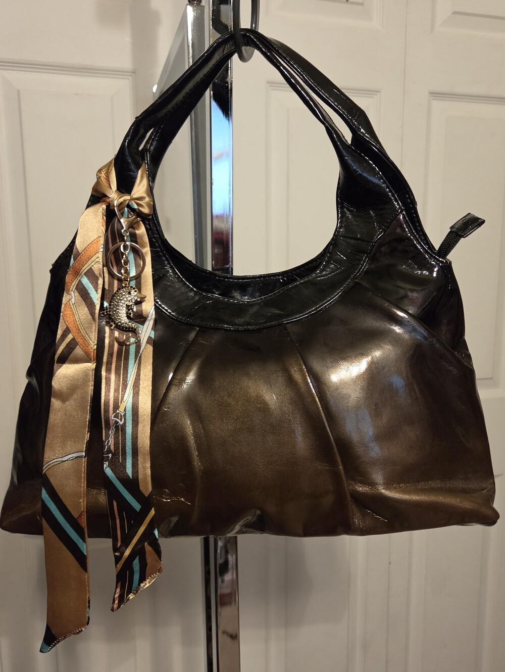 #540- FE Black/Copper/Brown Patten Leather  Satchel w Rhinestone Bag Charm